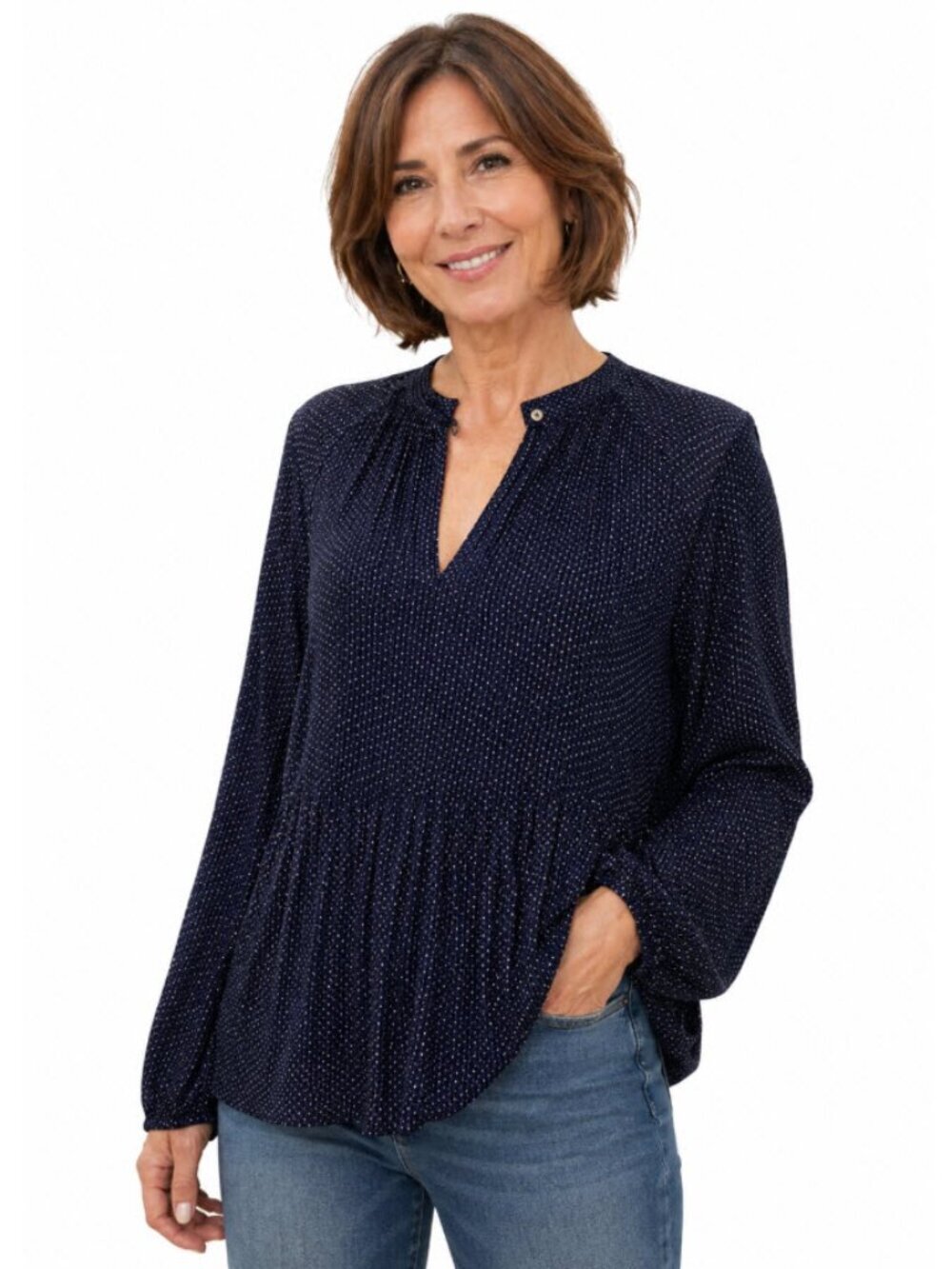 Tommy Hilfiger Navy V-Neck Blouse Pleated Relax Fit Size Small
